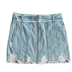 FOREVER 21 Skirt Women 30 Medium Blue Denim Pockets Belted Light Wash Distressed